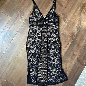David Meister black lace midi cocktail dress L